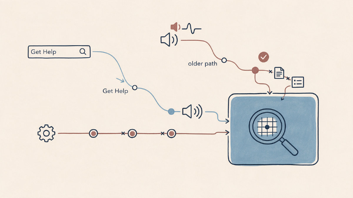 Diagram of Get Help, Settings, and taskbar speaker routes to the Windows audio troubleshooter