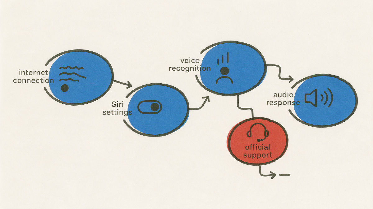 A four-node troubleshooting map for Siri: internet, settings, voice recognition, and audio response.