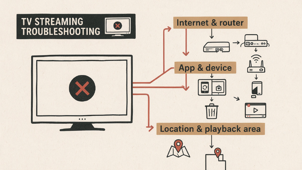 Diagram sorting YouTube TV playback error troubleshooting into internet, app/device, and location branches