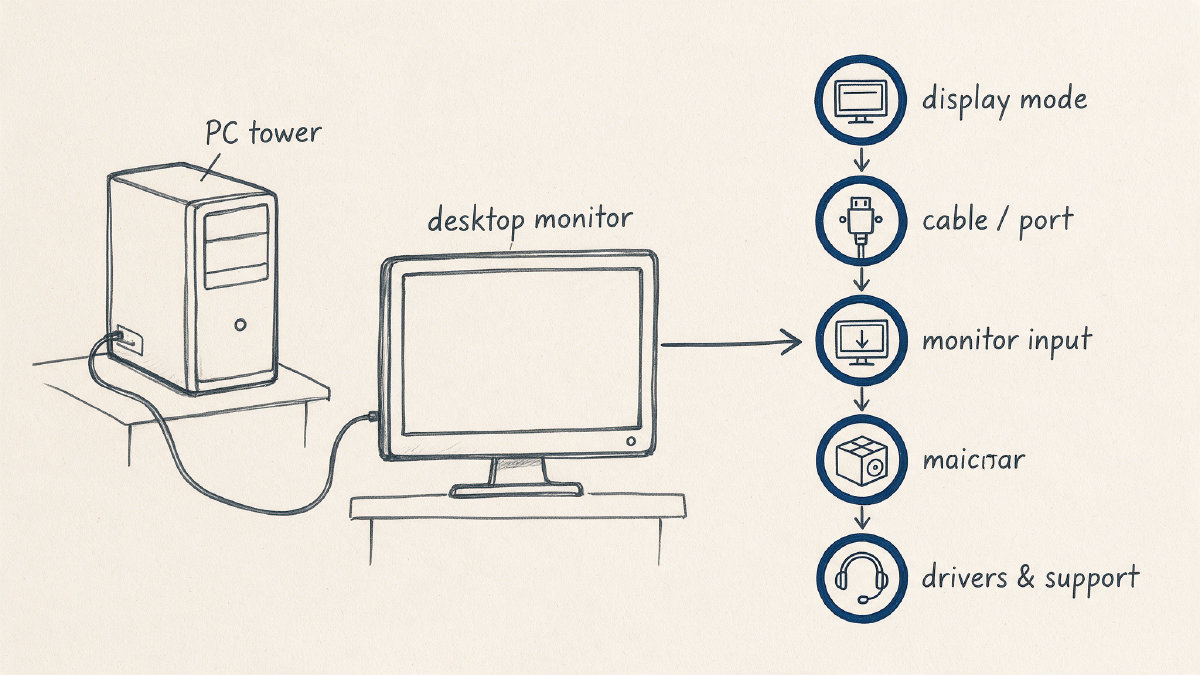 Monitor and PC with a branching display troubleshooting diagram