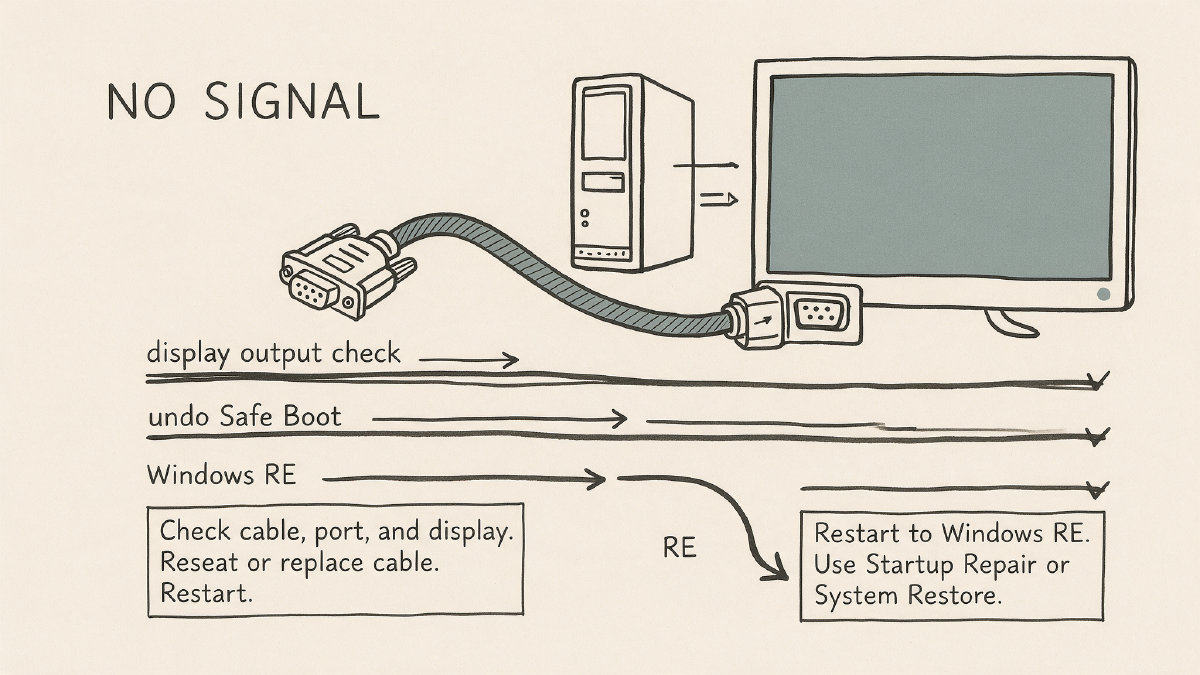 Diagram of a Windows PC with a black screen branching into Windows recovery, Safe Boot removal, and display output checks