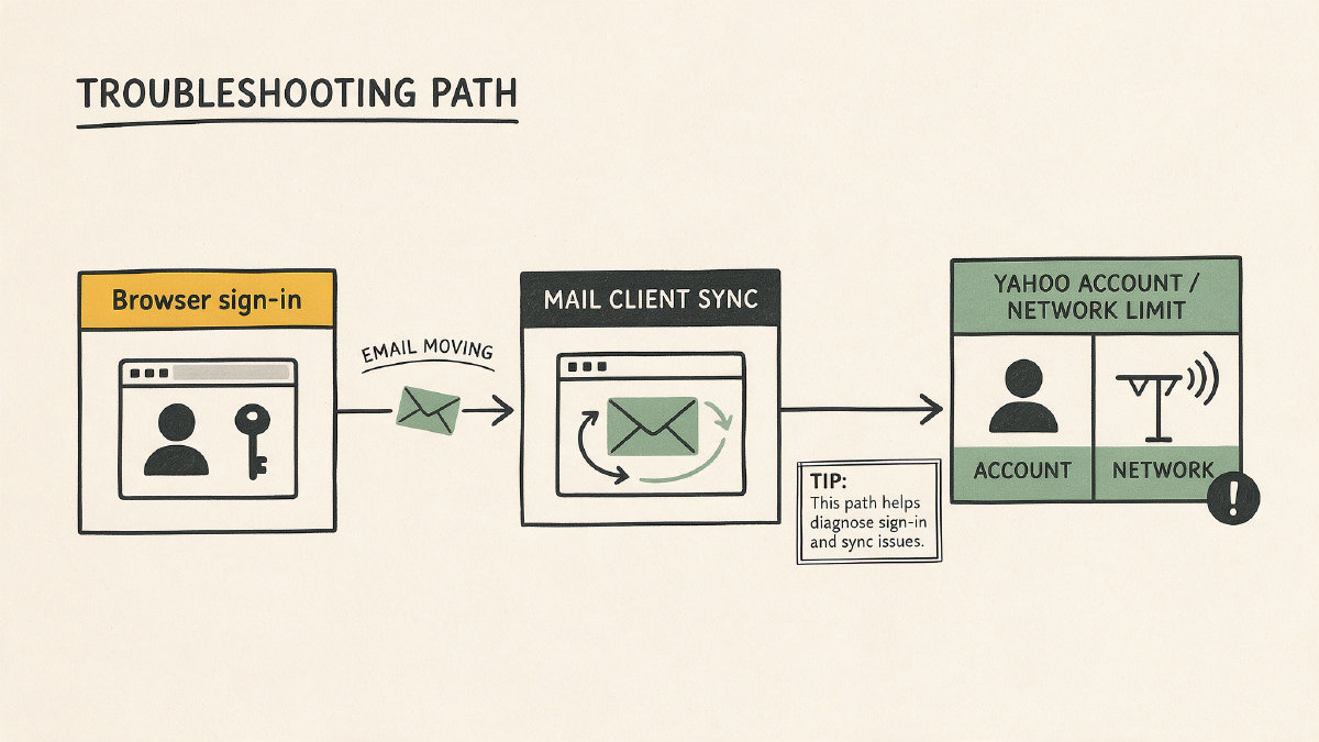 Diagram connecting browser sign-in, mail client sync, and a Yahoo account or network limit
