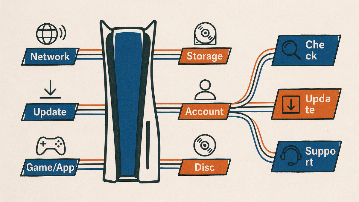 Diagram grouping PS5 error troubleshooting into network, update, game app, storage, account and disc categories.