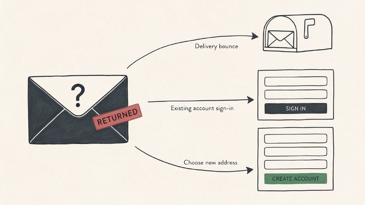Diagram showing an email unavailable message splitting into delivery bounce, existing account sign-in, and new address paths.