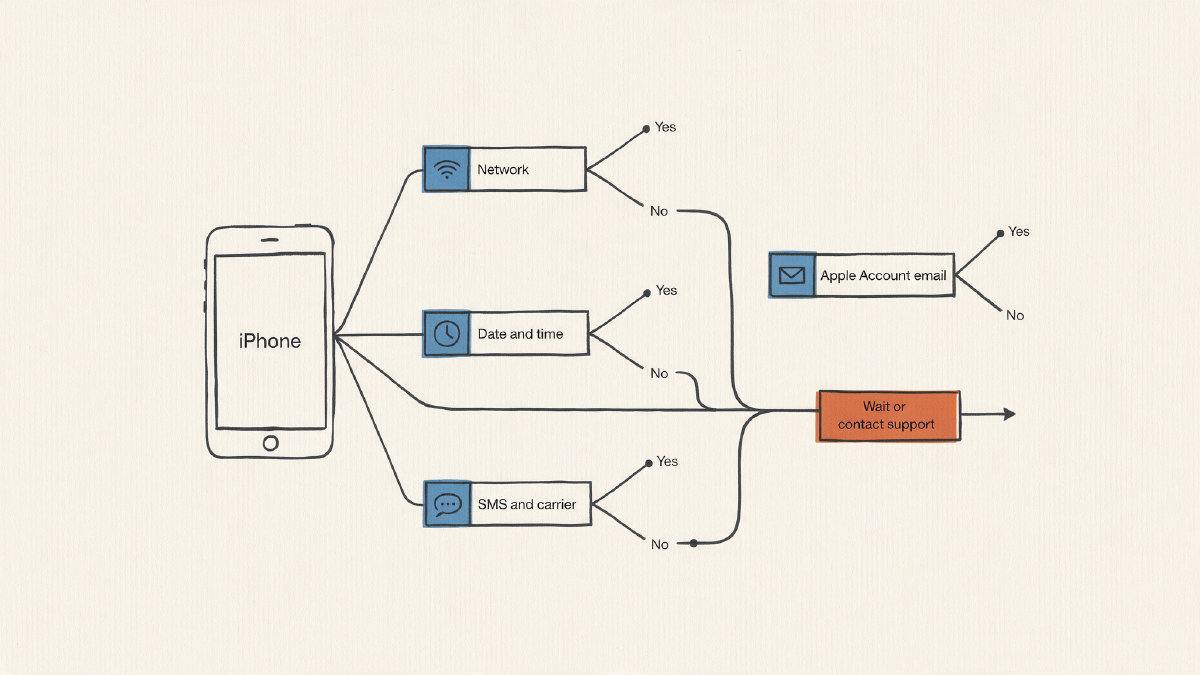 Decision-path diagram for troubleshooting iMessage activation on iPhone