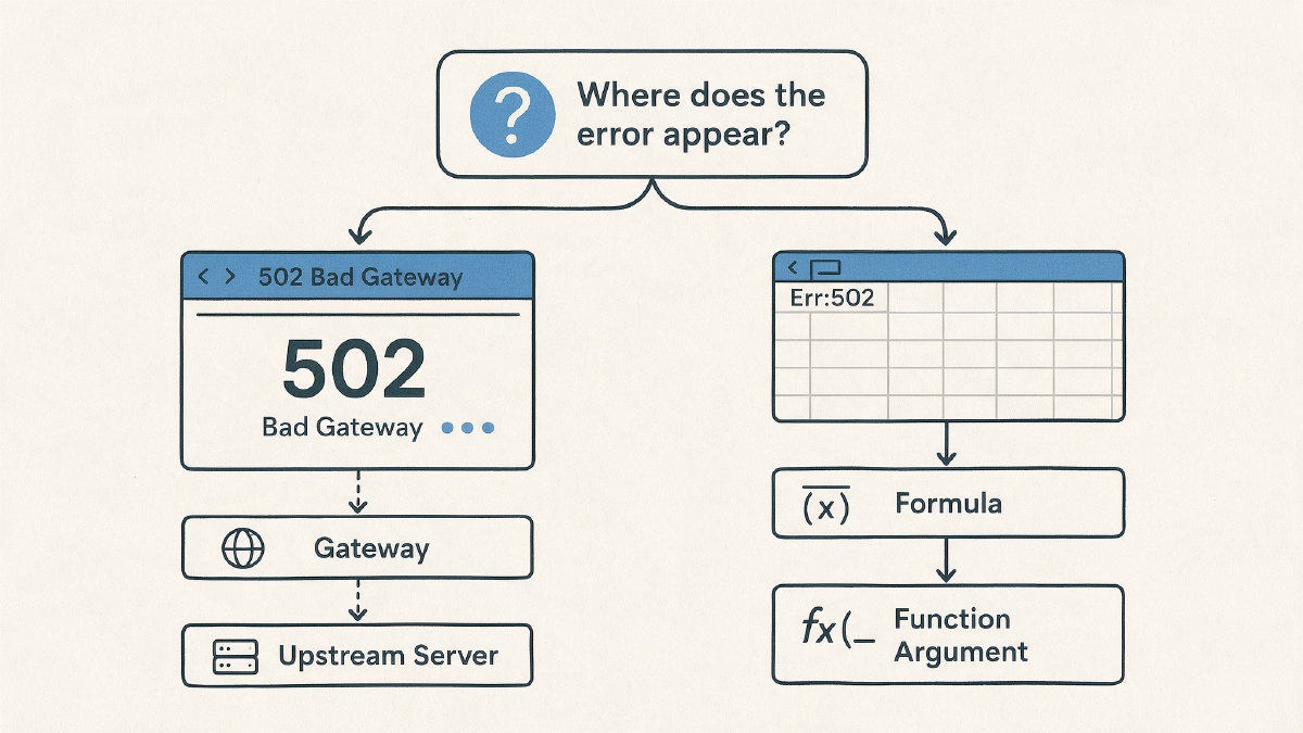 Diagram splitting Err 502 into a browser 502 Bad Gateway path and a LibreOffice Calc formula error path.