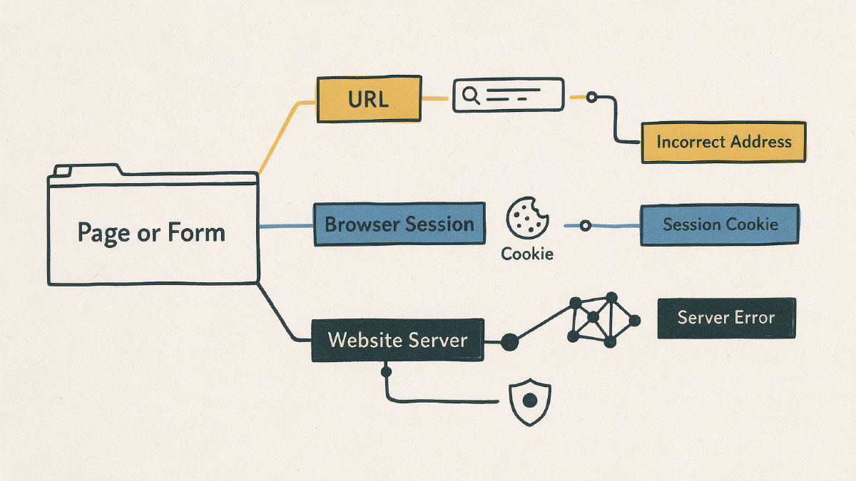 A simple troubleshooting diagram branching from a browser page or form into URL, browser session, and website server checks.