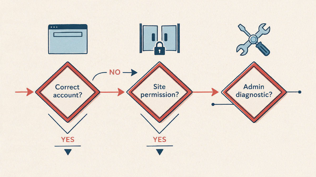 Decision diagram showing account, permission, and admin diagnostic checks for SharePoint site access